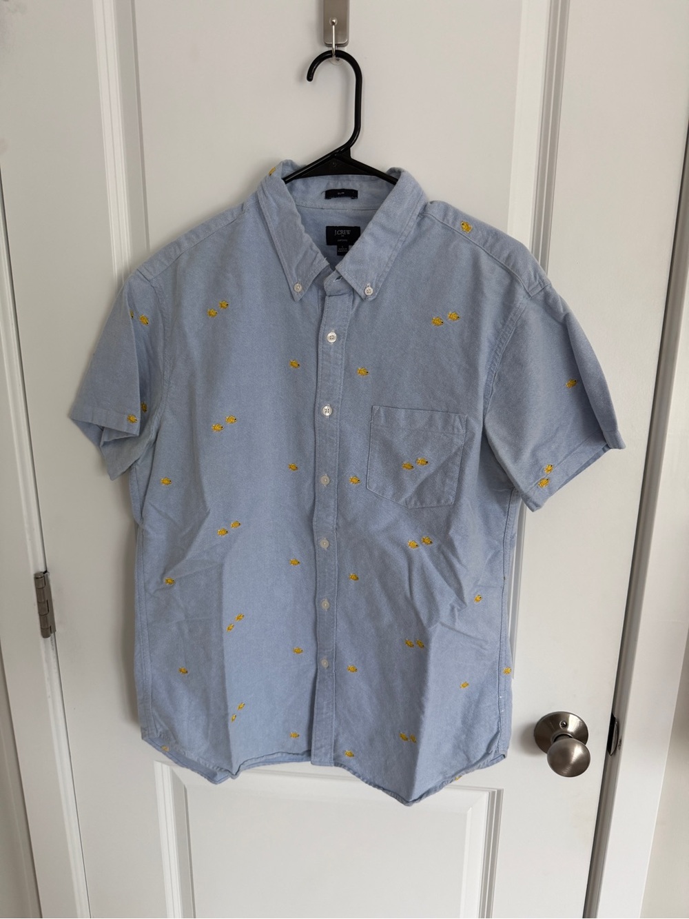J. Crew Factory Light Blue Short-Sleeve Button-Down Shirt with Yellow Embroidery